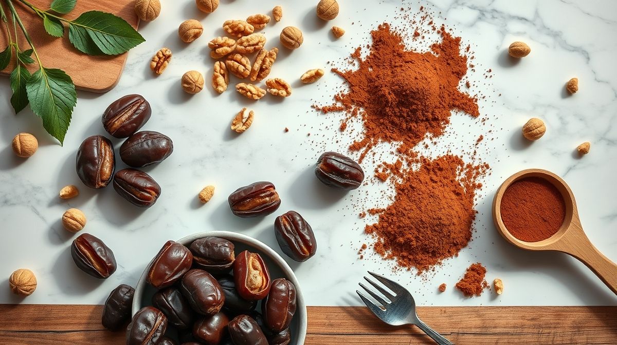 Ingredientes crus — tâmaras, nozes, cacau e baunilha — organizados sobre uma bancada de madeira.