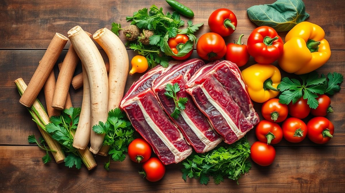 Ingredientes crus da vaca atolada organizados em uma bancada rústica.