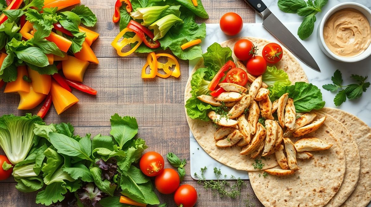 Ingredientes frescos organizados em bancada: wrap integral, frango, legumes e queijo