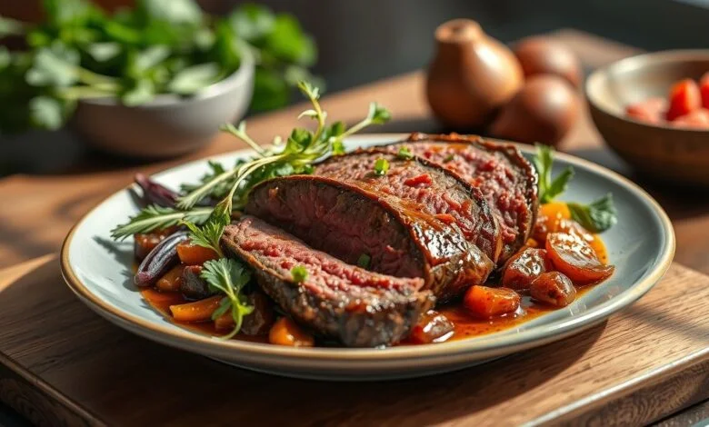 Lagarto marinado assado, dourado e suculento, servido em fatias com ervas frescas.