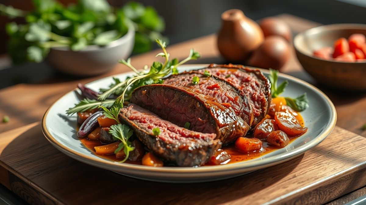 Lagarto marinado pronto para assar, suculento e bem temperado com ervas e vinho, receita de marinada para lagarto.