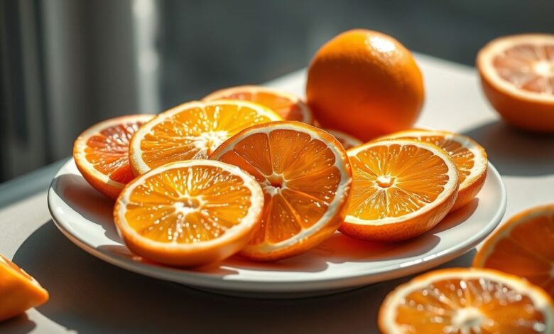 Laranjas frescas, inteiras e em metades, exibindo cor vibrante e aparência suculenta, prontas para consumo.