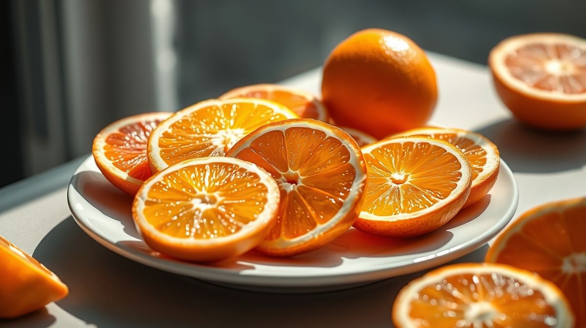 Laranjas frescas, inteiras e em metades, exibindo cor vibrante e aparência suculenta, prontas para consumo.