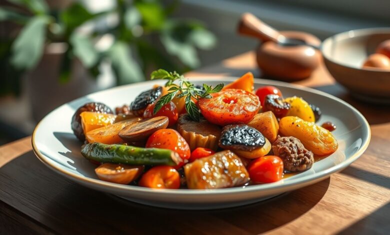 Prato de legumes cozidos coloridos, bem temperados e servidos de forma apetitosa