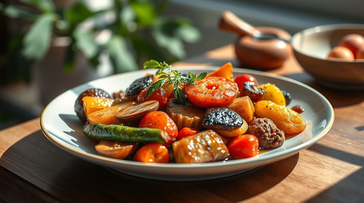 Prato de legumes cozidos coloridos, bem temperados e servidos de forma apetitosa