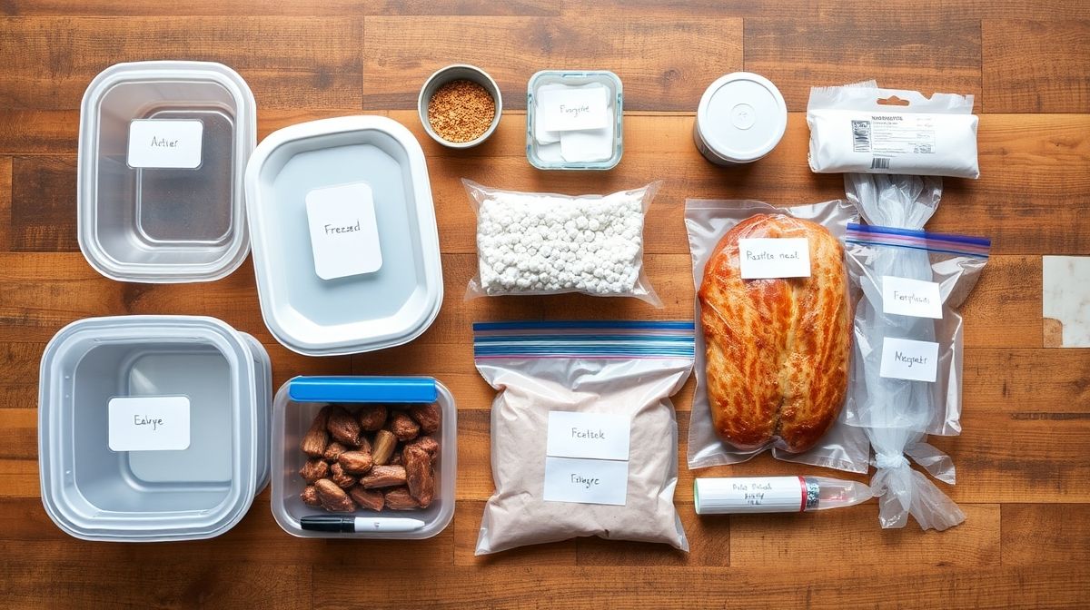 Visão de cima com recipientes herméticos, sacos zip-lock, filme plástico, etiquetas e caneta sobre uma bancada limpa.