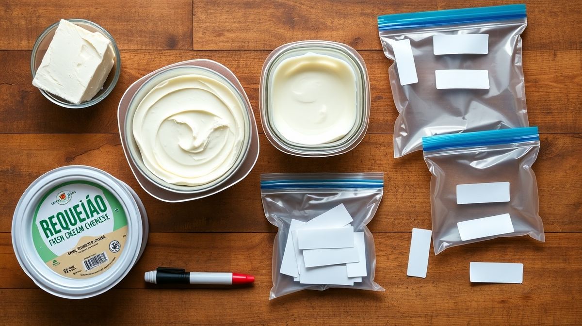 Visão de cima com o pote de requeijão e os materiais de embalagem organizados em uma bancada