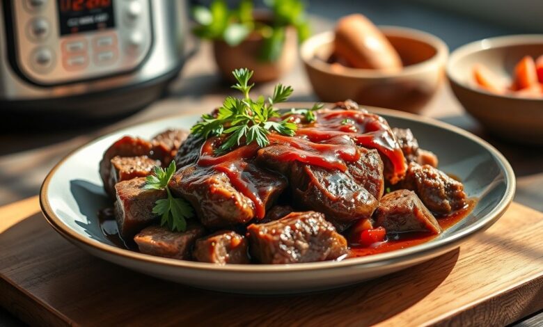 Prato de miolo de acém cozido na pressão, macio e suculento, servido em travessa com molho encorpado