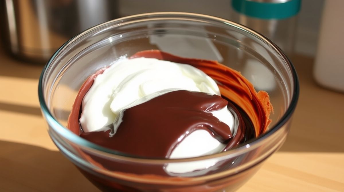 Preparation step of mousse de chocolate where melted dark chocolate and semi-whipped cream are gently combined in a clear glass bowl, kitchen background, natural light