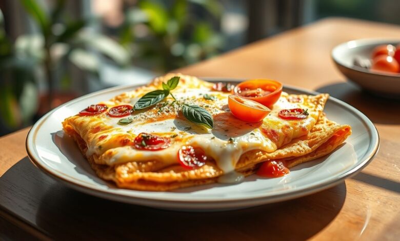 Omelete dourada estilo pizza, com mozzarella derretida, tomates frescos e folhas de manjericão.