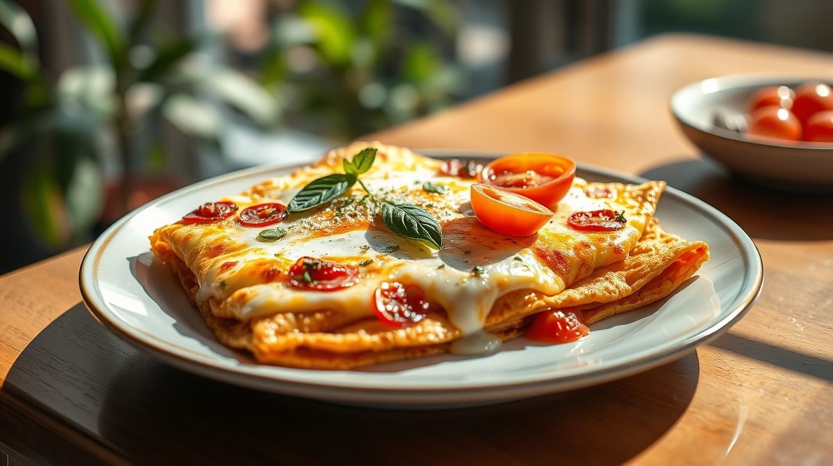 Omelete dourada estilo pizza, com mozzarella derretida, tomates frescos e folhas de manjericão.