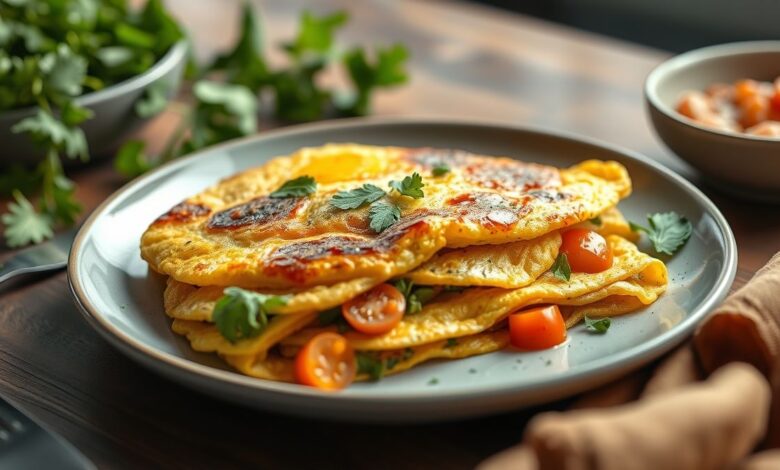 Omelete fit dourado, recheado com vegetais e queijo leve, servido de forma apetitosa em prato clean