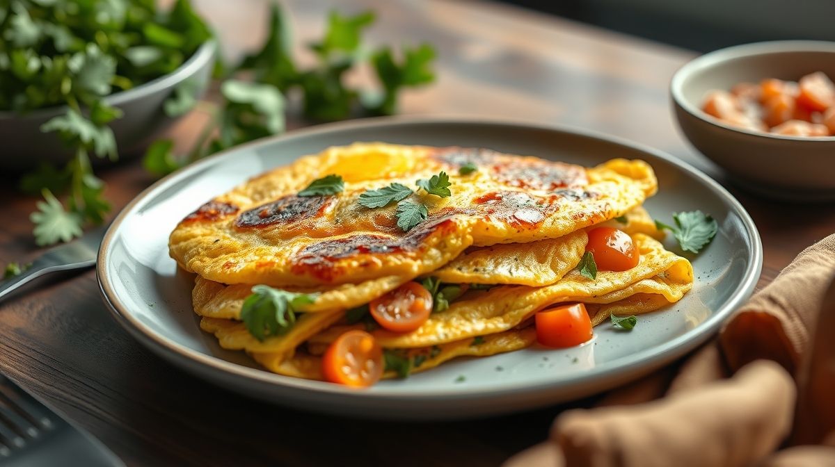 Omelete fit dourado, recheado com vegetais e queijo leve, servido de forma apetitosa em prato clean
