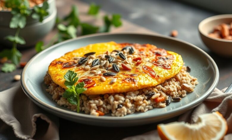Omelete reforçada fit dourada e apetitosa, servida em prato branco com sementes e queijo derretido por cima