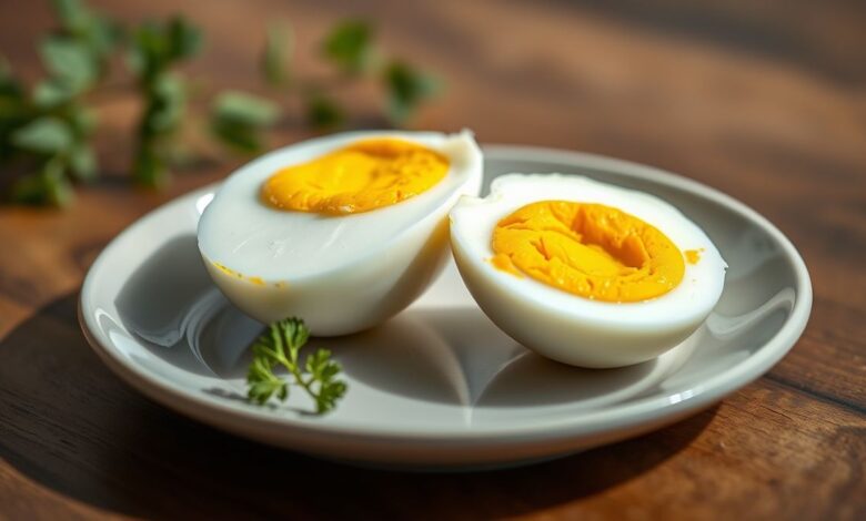 Um ovo cozido com gema dura, cortado ao meio, mostrando uma gema amarela vibrante e clara firme, apresentado de forma apetitosa em um prato.