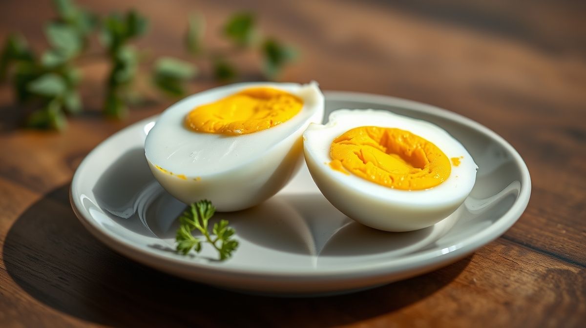 Um ovo cozido com gema dura, cortado ao meio, mostrando uma gema amarela vibrante e clara firme, apresentado de forma apetitosa em um prato.