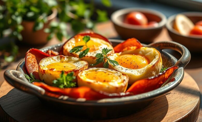 Porções individuais de ovos fit ao forno dourados e apetitosos servidos em forminhas