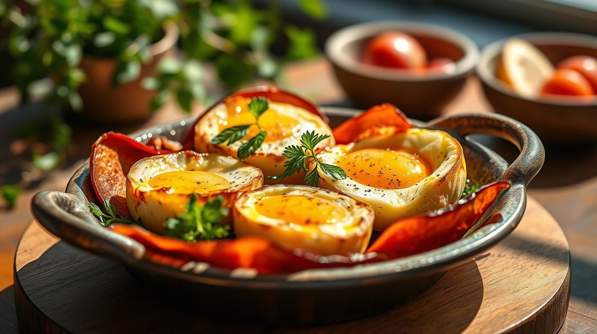 Porções individuais de ovos fit ao forno dourados e apetitosos servidos em forminhas