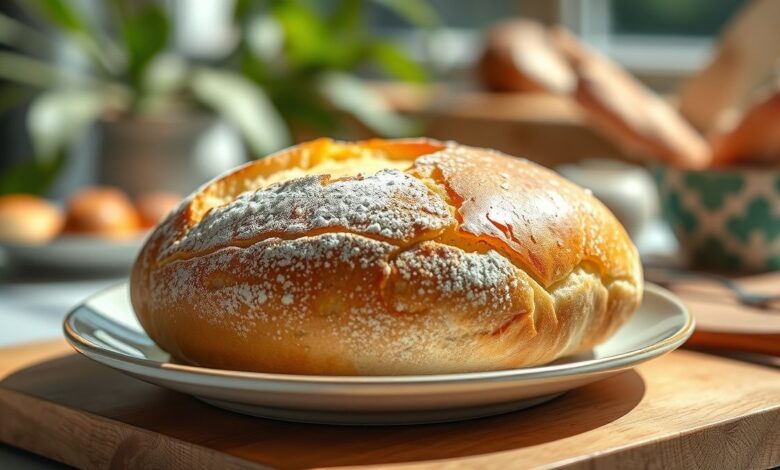 Pãozinho de leite em pó fit pronto, dourado e macio, servido em um prato, com aparência saudável e apetitoso
