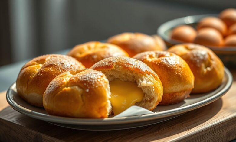 Pãezinhos de tapioca dourados e crocantes em uma cesta de palha, prontos para servir no café.