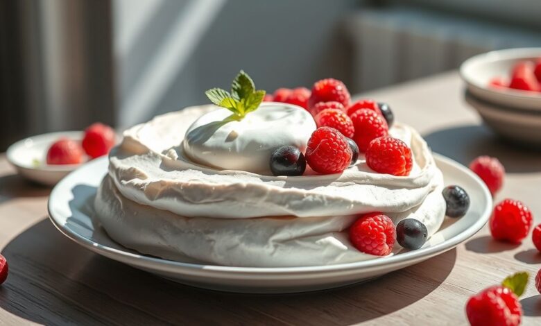 Pavlova sem açúcar finalizada, crocante por fora, com iogurte cremoso e frutas vermelhas frescas no topo
