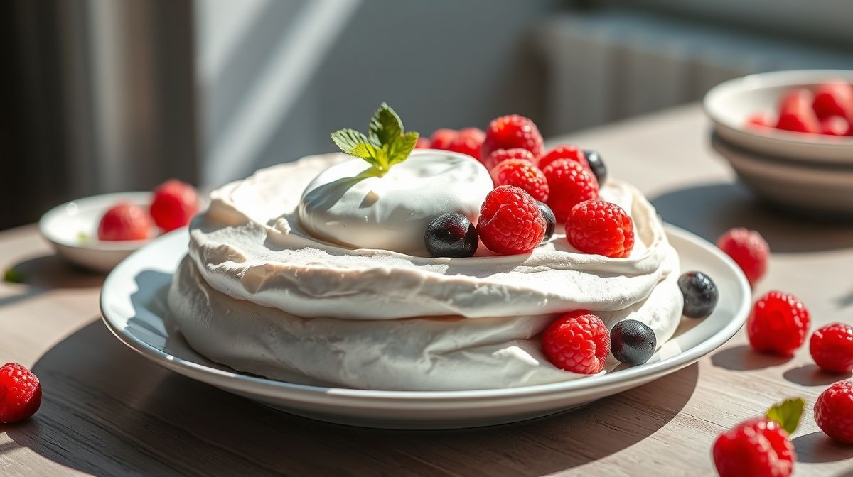 Pavlova sem açúcar decorada com iogurte e frutas vermelhas frescas, crocante por fora e macia por dentro