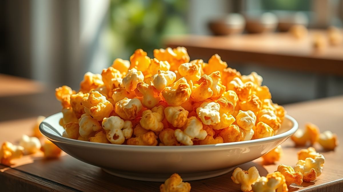 Tigela de pipoca doce fit dourada e crocante, servida de forma apetitosa e leve.