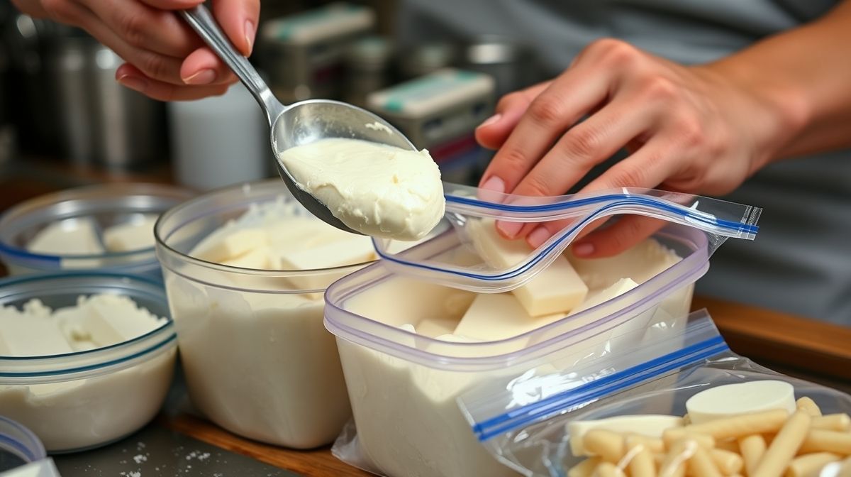 Mãos em ação porcionando o requeijão cremoso em potes ou sacos de congelamento