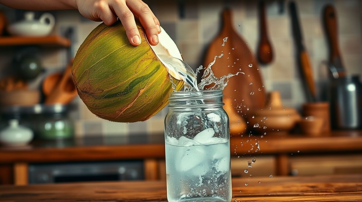 Mãos despejando água de coco de um coco verde em um pote de vidro para armazenar.