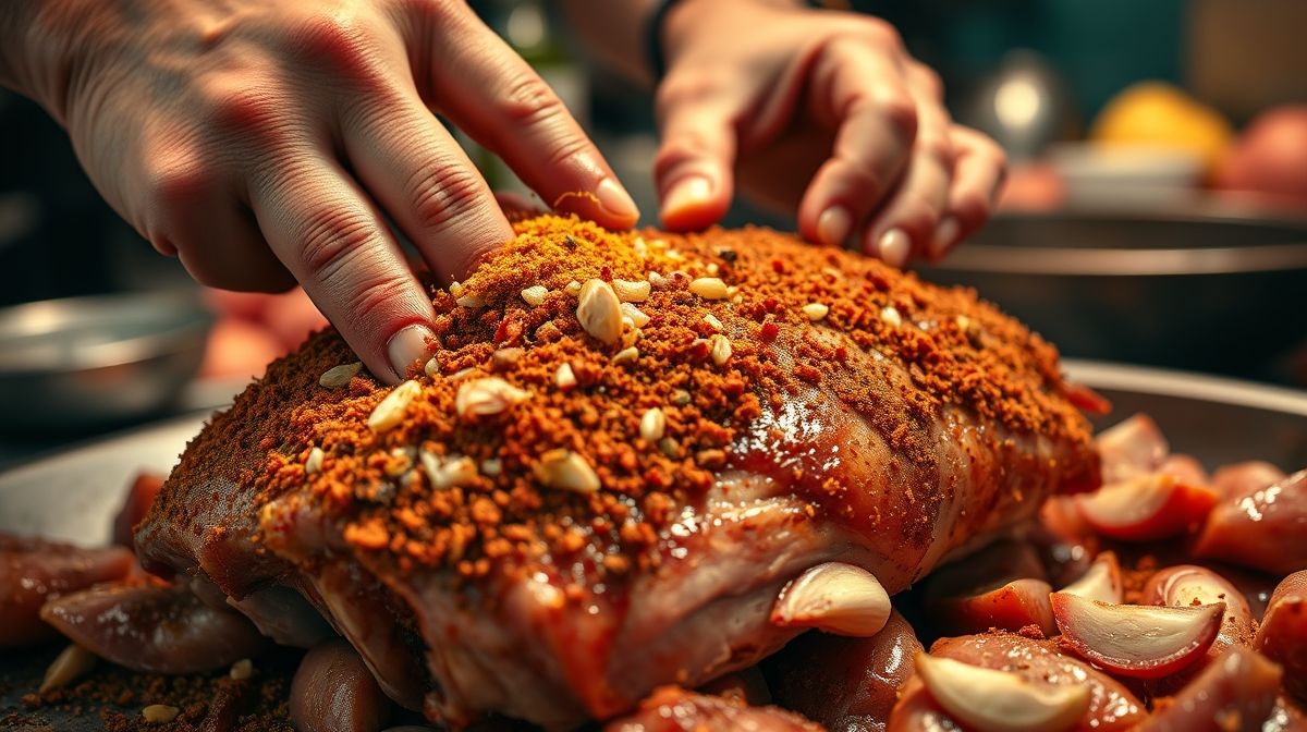 Mãos temperando pedaços de carne de porco em tigela com alho e especiarias