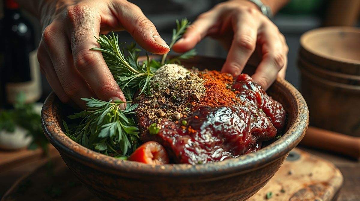 Mãos misturando a marinada em uma tigela com vinho, ervas e temperos.