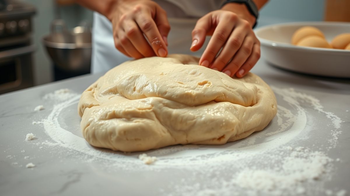 Mãos sovando a massa homogênea da coxinha em uma bancada limpa.
