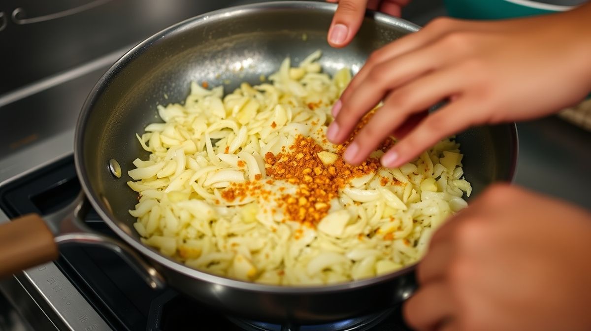 Mãos refogando cebola, alho e curry em panela durante preparo da receita