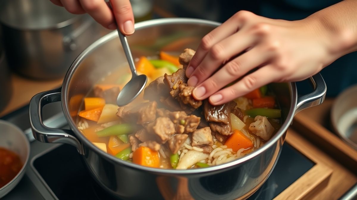 Mãos adicionando cubos de carne em panela com legumes refogados, passo essencial da receita tradicional japonesa.