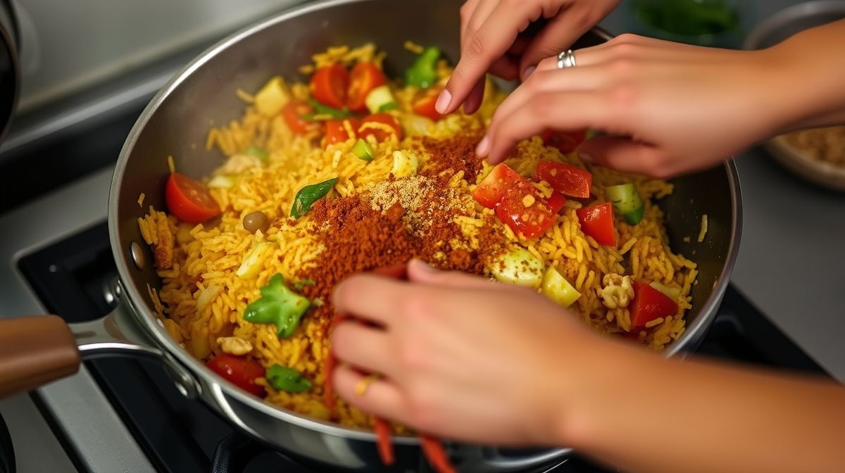 Mãos refogando cebola, alho e pimentão com curry em uma panela durante o preparo
