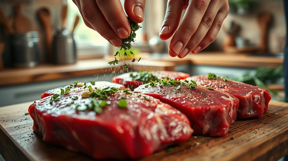 Mãos temperando bifes crus com orégano e alho em tigela de vidro antes de levar à grelha
