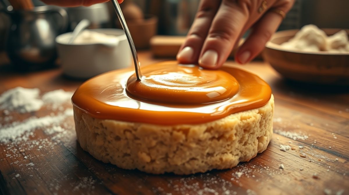 Mãos espalhando camada de caramelo sobre a base assada da sobremesa