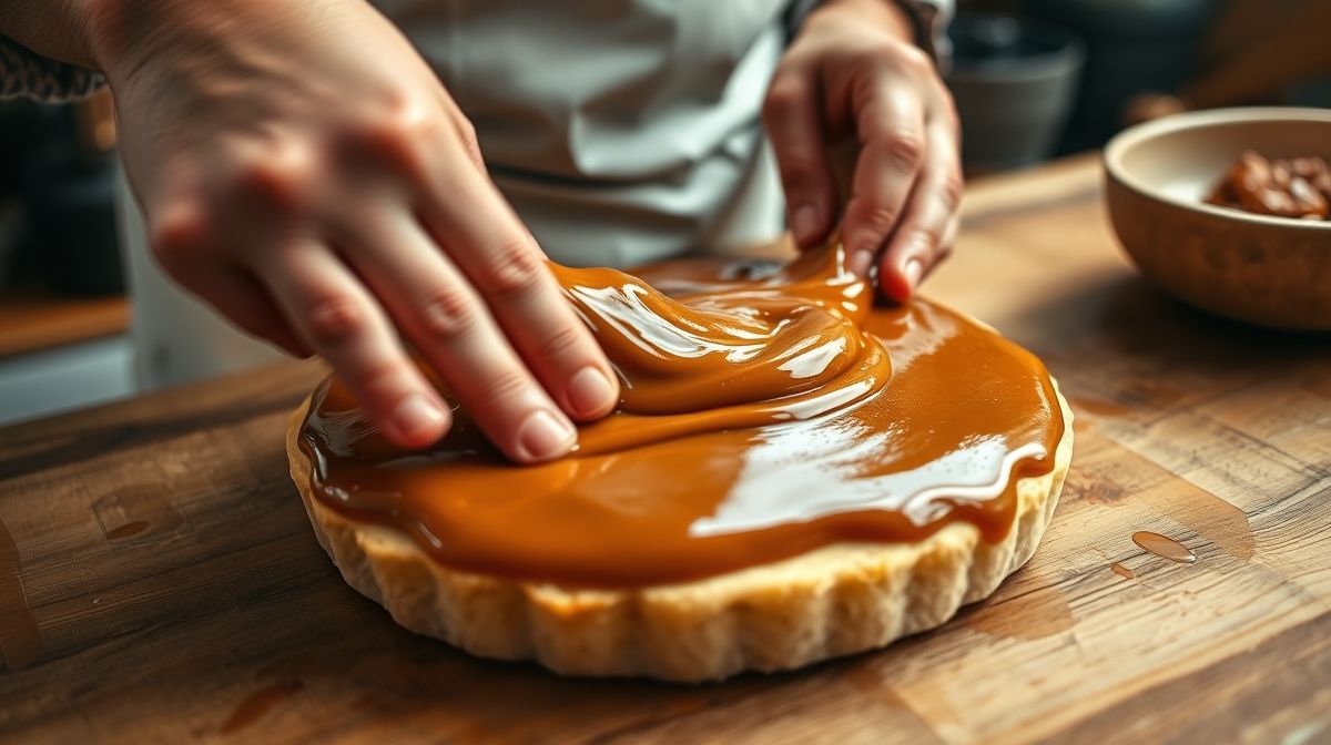 Mãos espalhando caramelo sobre a base assada durante o preparo da sobremesa