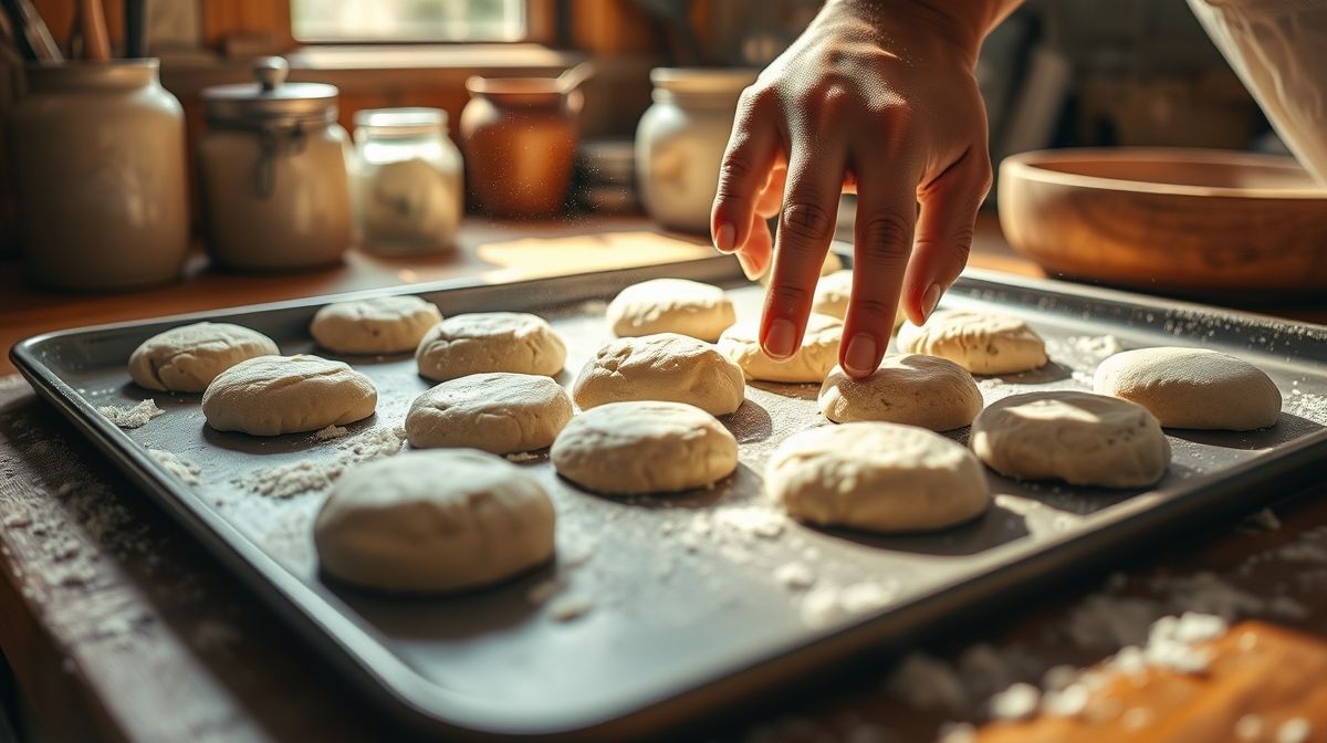 Mãos moldando os biscoitinhos de fécula de batata em uma assadeira antes de irem ao forno.
