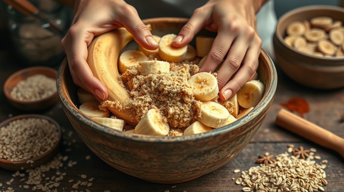 Mãos amassando bananas em uma tigela, formando a base da massa para os biscoitos
