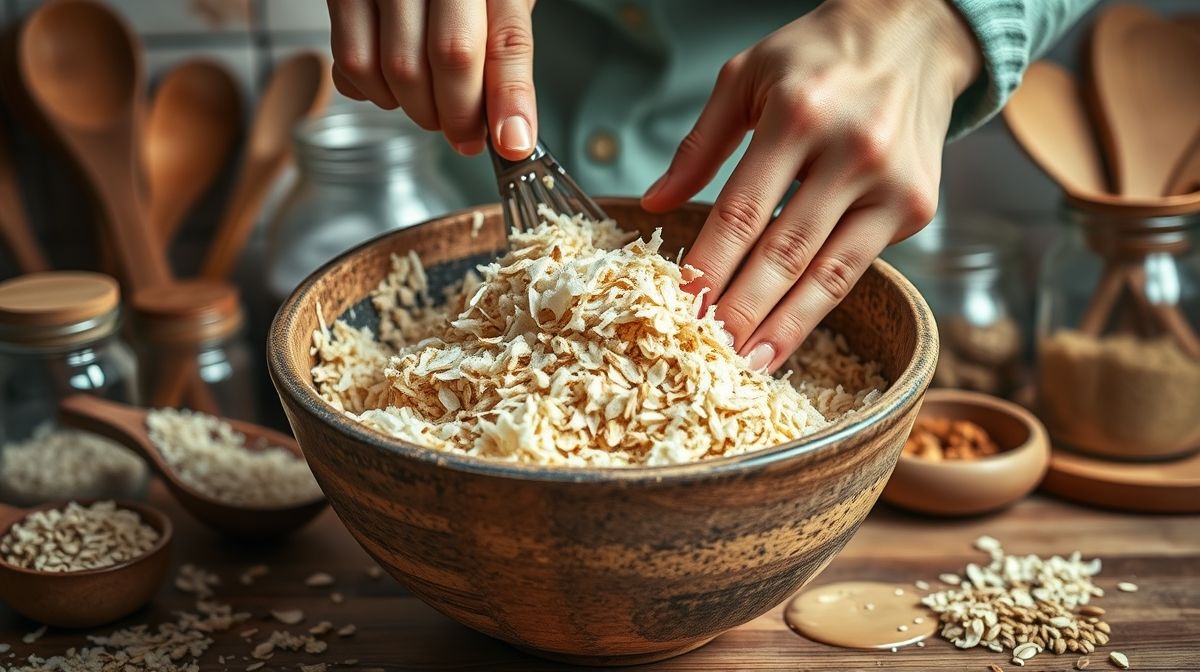Mãos misturando ovos, iogurte e coco ralado em tigela de preparo