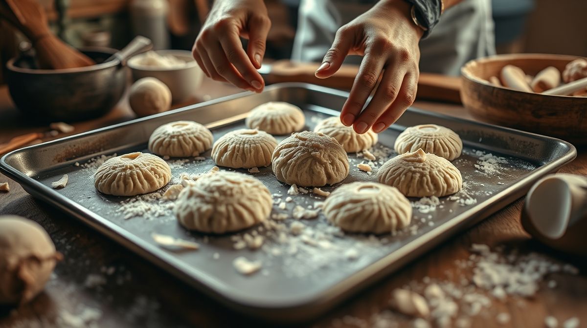 Mãos modelando a massa dos biscoitos em forminhas antiaderentes