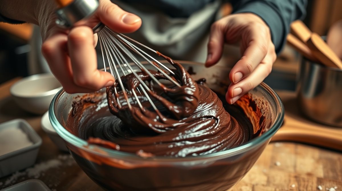 Mains mélangeant la pâte du petit gâteau au cacao low carb sans sucre dans un bol pendant la préparation