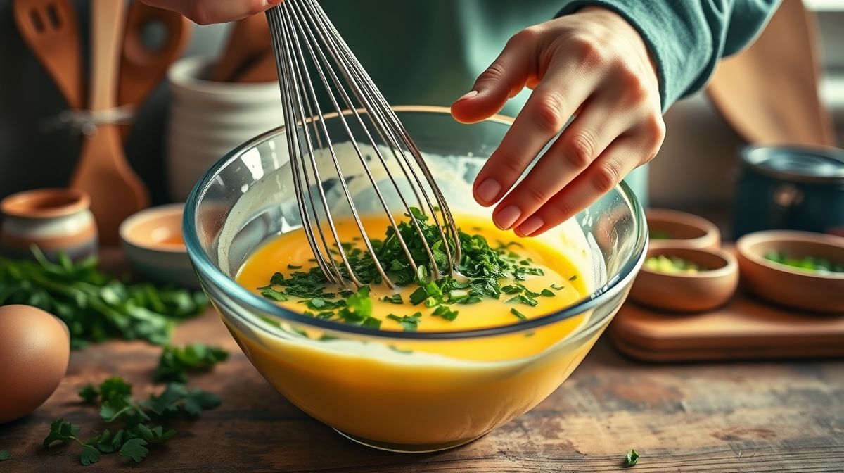 Mãos batendo ovos em tigela enquanto adicionam temperos frescos para preparar os bolinhos