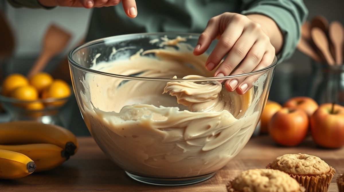 Mãos misturando a massa cremosa de banana e maçã em uma tigela de vidro.
