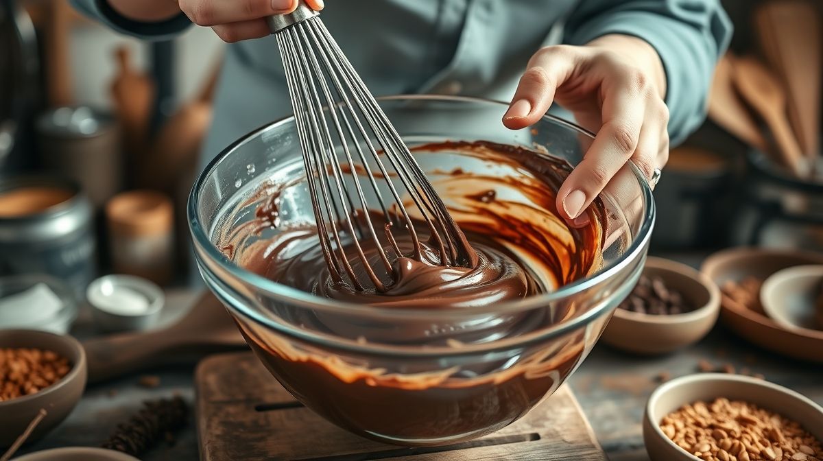 Mãos batendo a massa do bolinho em tigela de vidro com fuê