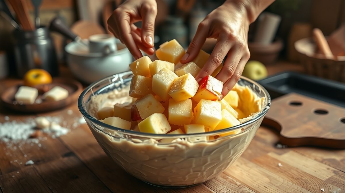 Mãos misturando delicadamente os cubinhos de maçã na massa durante o preparo.