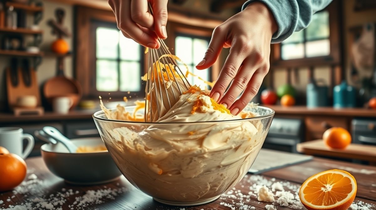 Mãos misturando a massa leve e aromática em uma tigela antes de levar para assar.