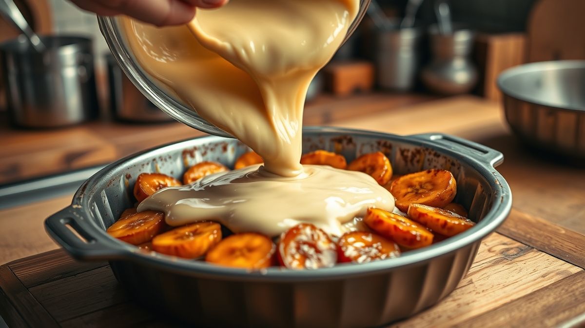 Mãos despejando a massa do bolo sobre bananas caramelizadas na forma.
