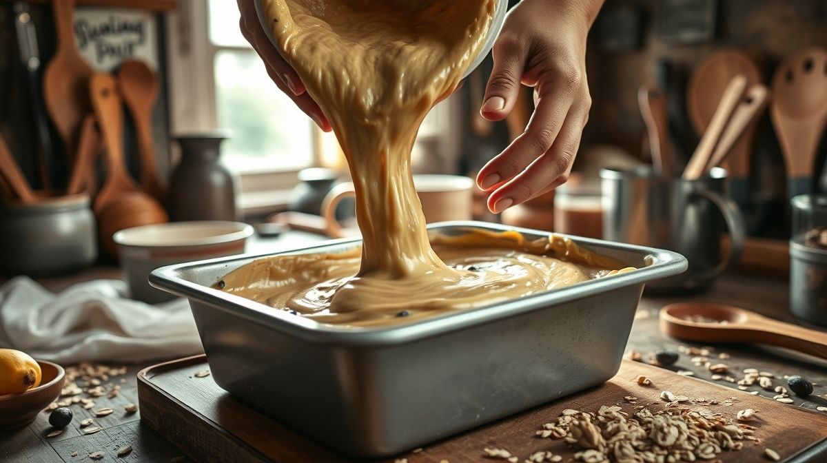 Mãos despejando a massa cremosa na forma untada, passo crucial do preparo